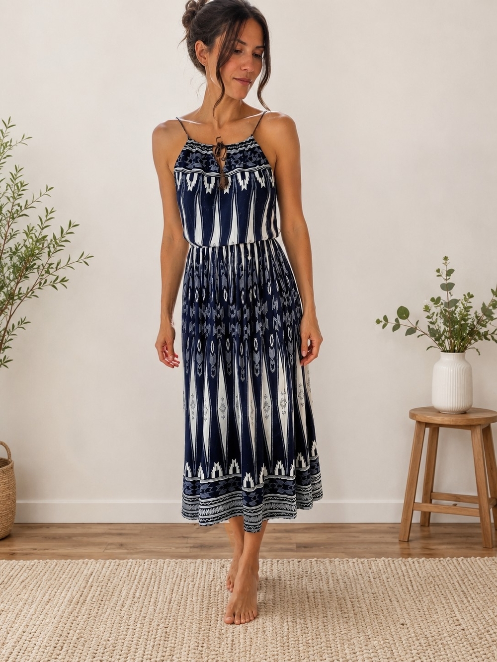 BEDO Boho Maxi Dress M/L Navy White Tribal Print Summer Dress